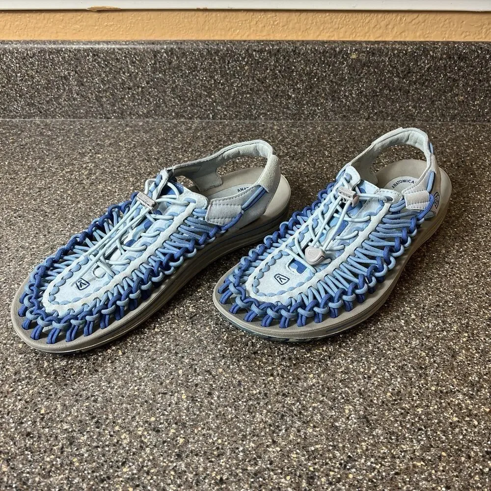 Keen Uneek Sandals Women's Sz 10.5 Blue Woven Bungee Lacing Hiking Trail Slip On
